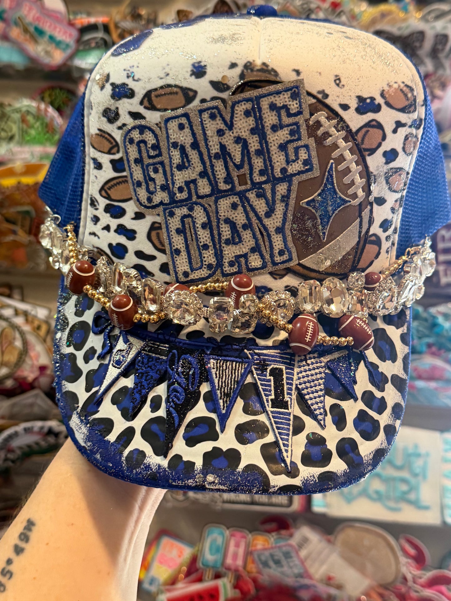 Blu Coconut Blue, White & Bling Football Trucker Hat 💙🏈