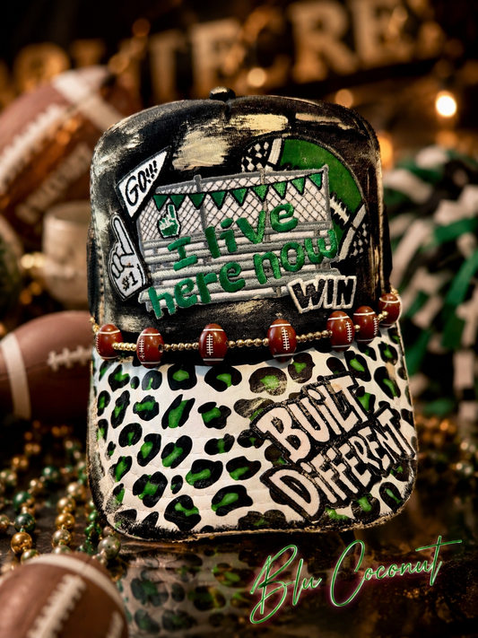 Blu Coconut Black and Green Football Trucker Hat. 💚🖤🏈