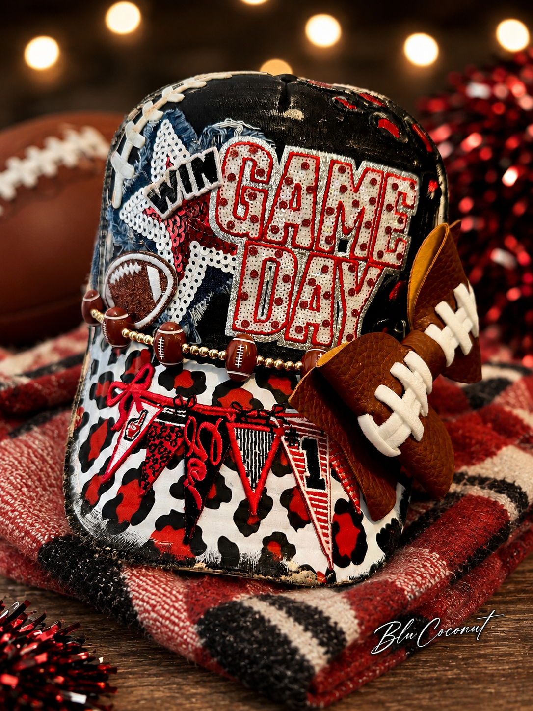 Blu Coconut black and red Football Trucker Hat. ❤️🖤🏈