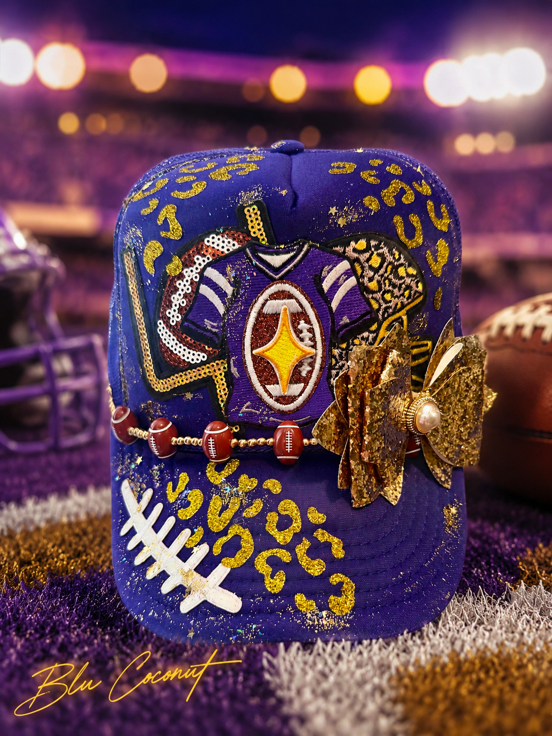 Blu Coconut purple and gold Football Trucker Hat 💜🏈