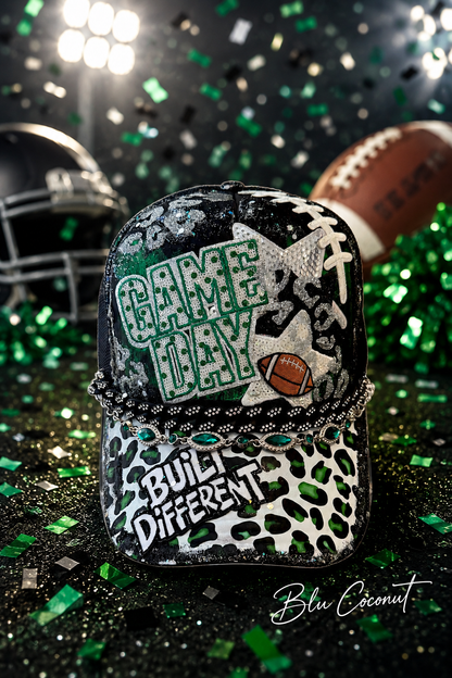Blu Coconut Black and Green Football Trucker Hat. 💚🖤🏈