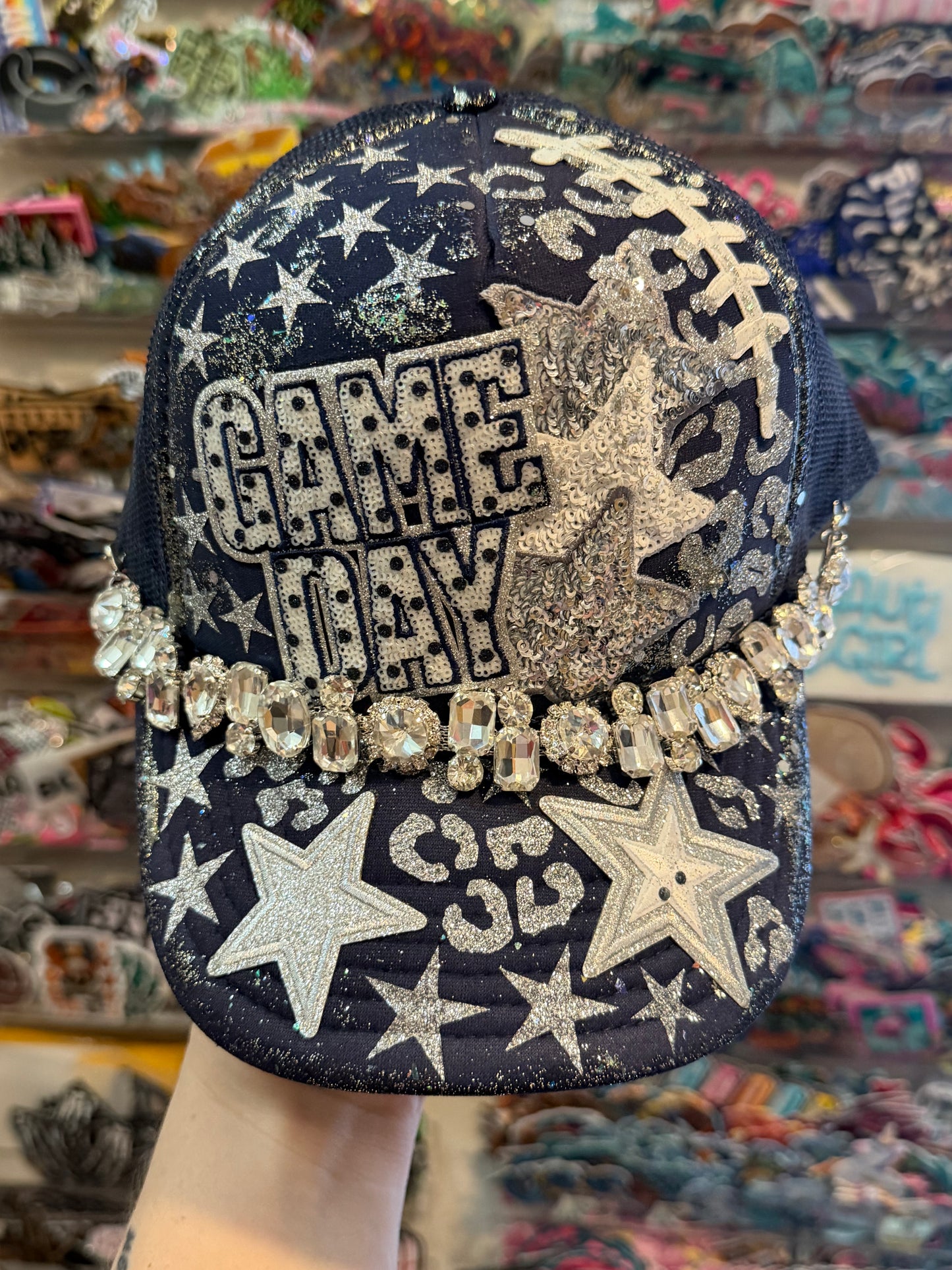 Blue Coconut navy, silver and BLINGGGGG football Trucker Hat