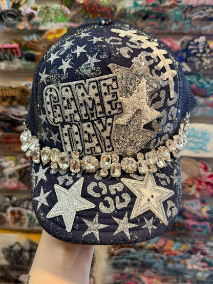 Blue Coconut navy, silver and BLINGGGGG football Trucker Hat