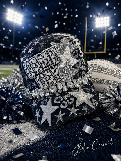 Blue Coconut navy, silver and BLINGGGGG football Trucker Hat