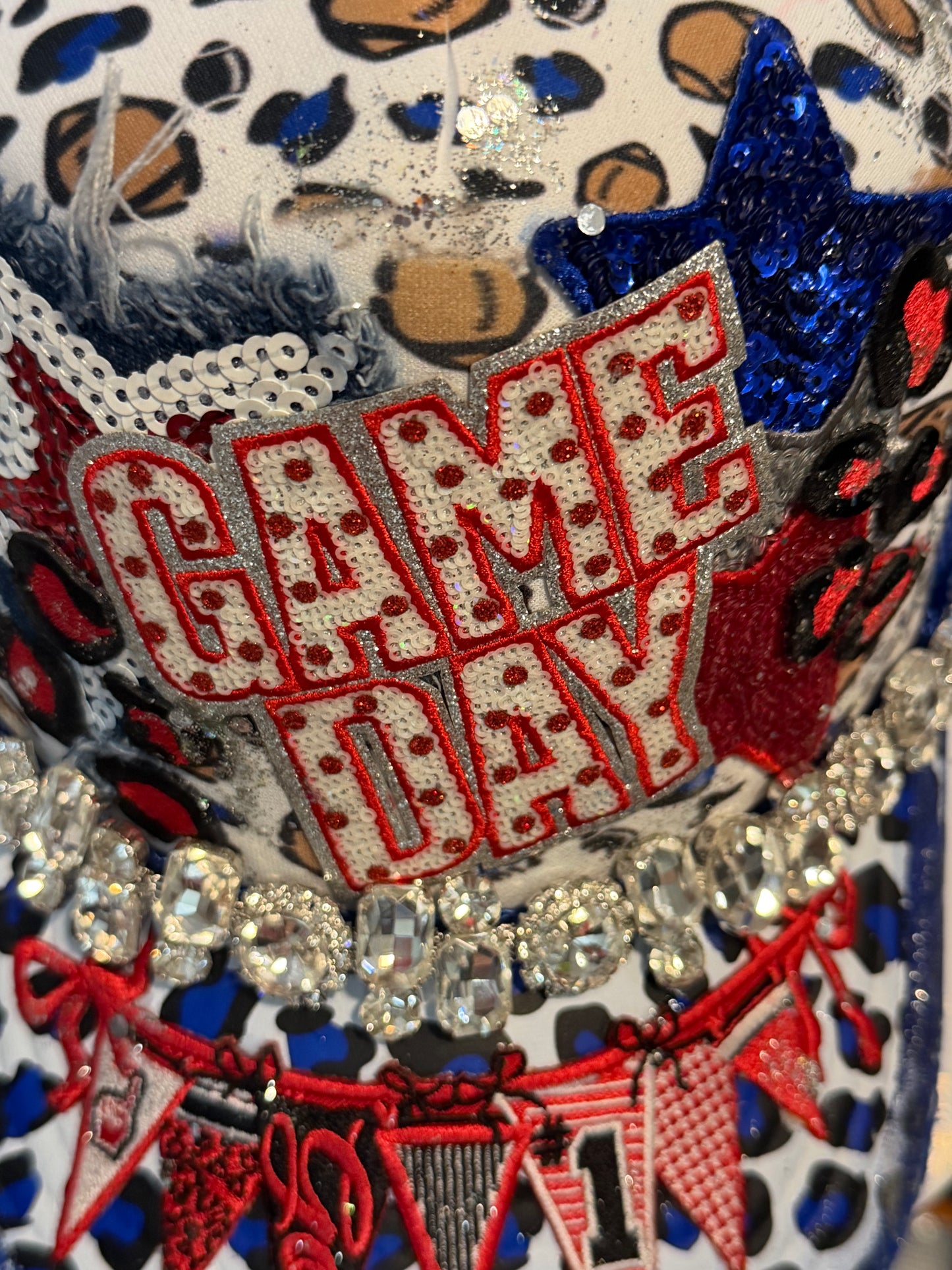 Blu Coconut Blue,Red White and Bling Football Trucker Hat. ❤️💙🏈