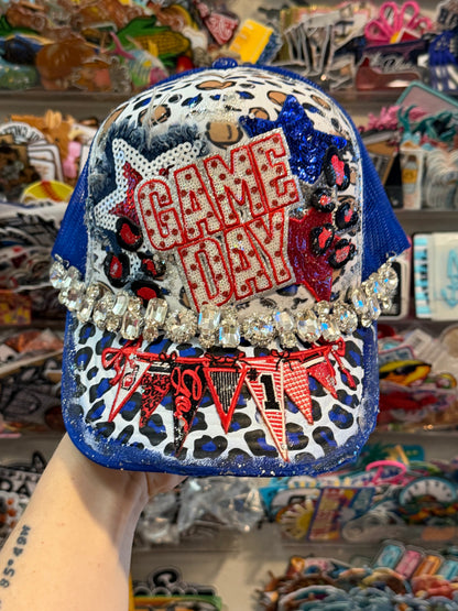 Blu Coconut Blue,Red White and Bling Football Trucker Hat. ❤️💙🏈