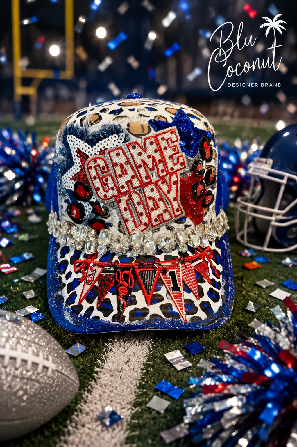 Blu Coconut Blue,Red White and Bling Football Trucker Hat. ❤️💙🏈
