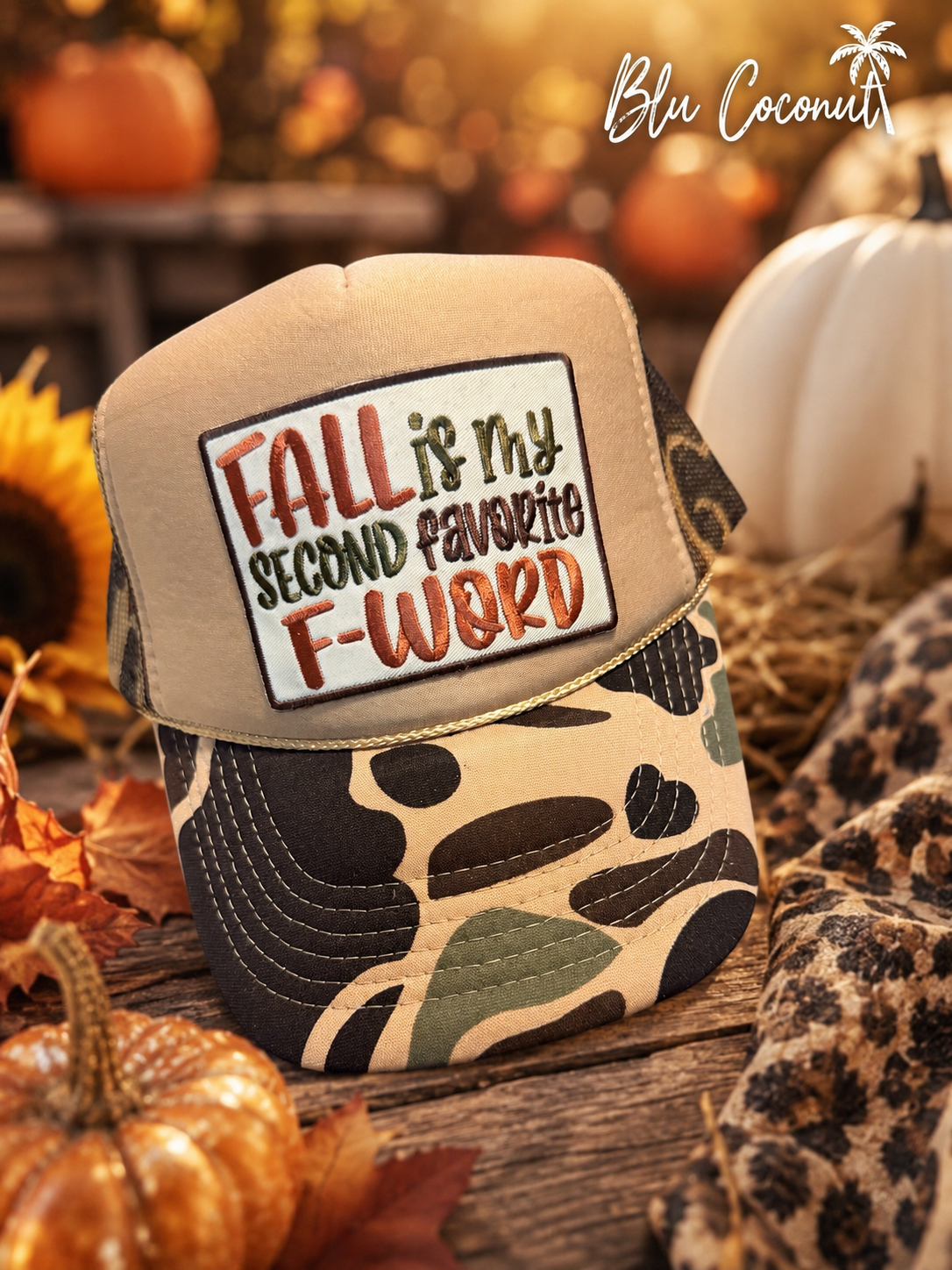 Blu Coconut Fall F word camo Trucker Hat