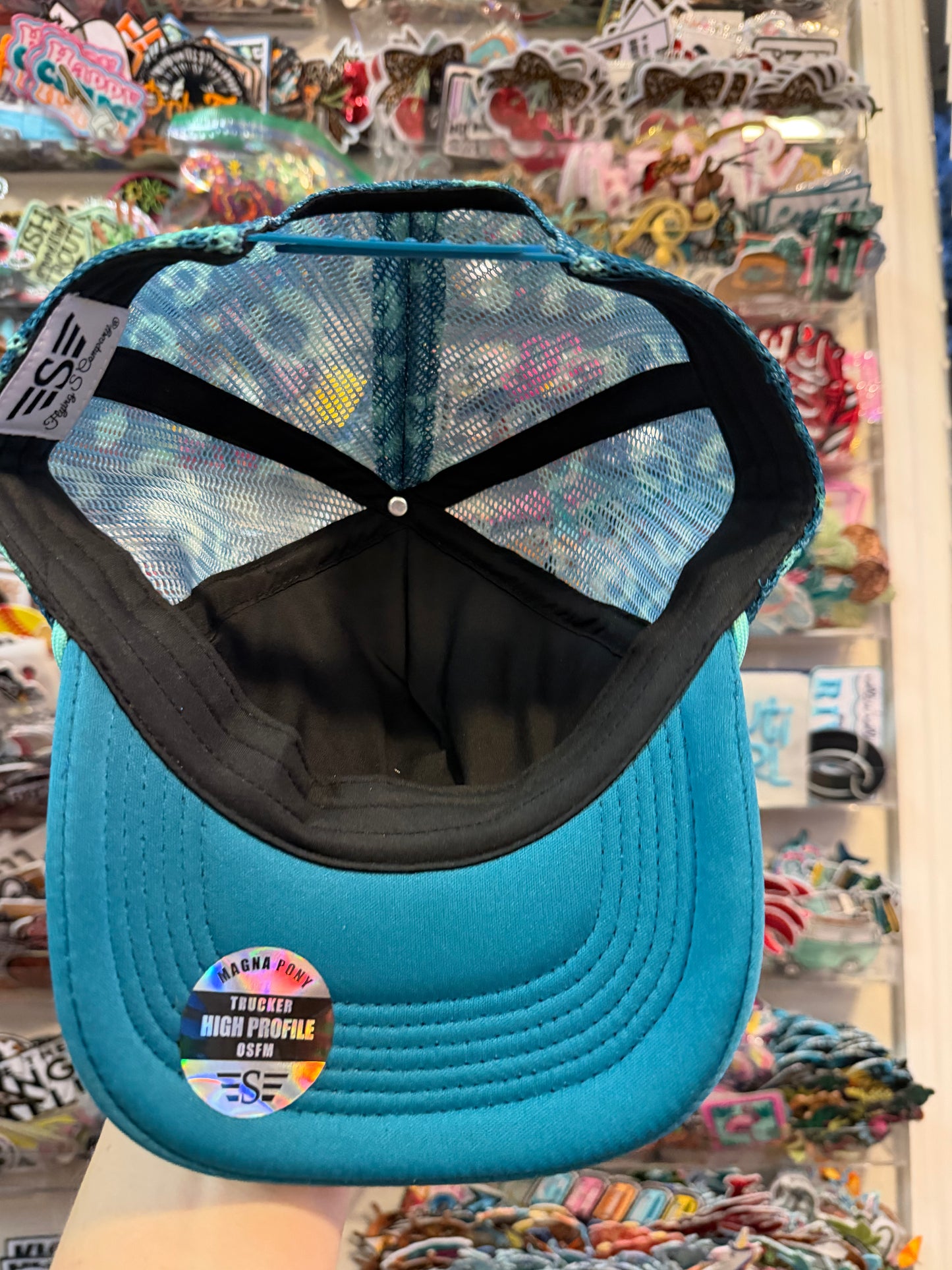 Blu Coconut Teal Leopard Printed Mesh Back Magna Pony® Trucker