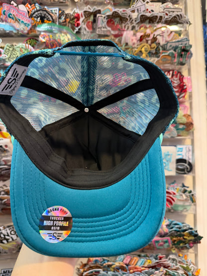 Blu Coconut Teal Leopard Printed Mesh Back Magna Pony® Trucker