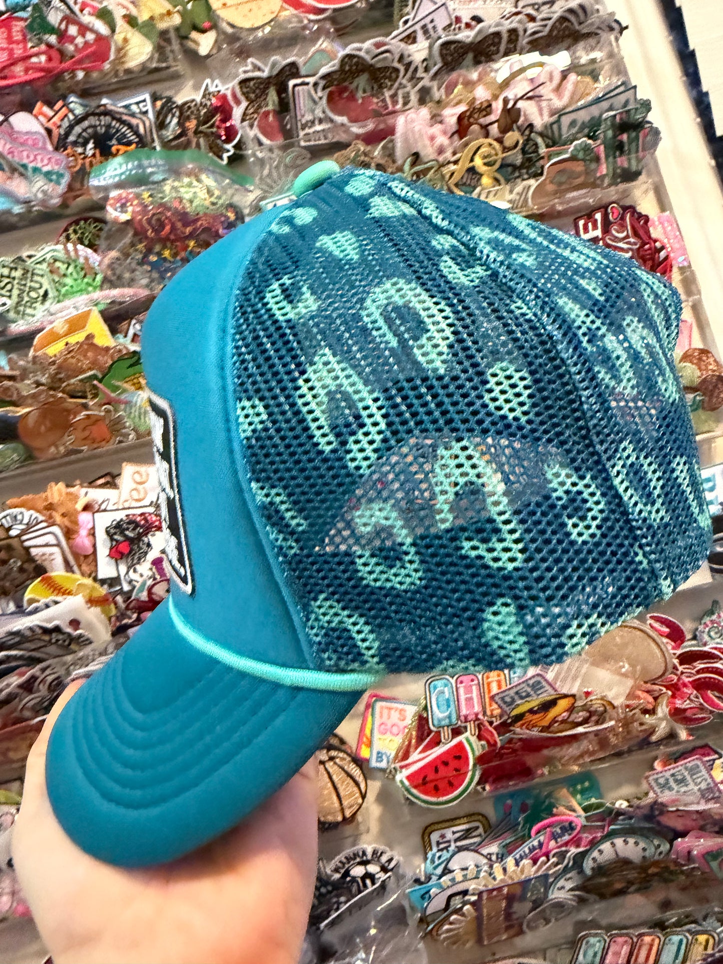 Blu Coconut Teal Leopard Printed Mesh Back Magna Pony® Trucker