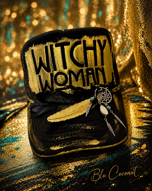 Blu Coconut Black & Gold Witchy Woman Trucker Hat