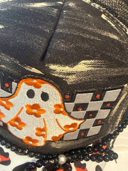 Blu Coconut Black & Orange Cute Ghost Trucker Hat