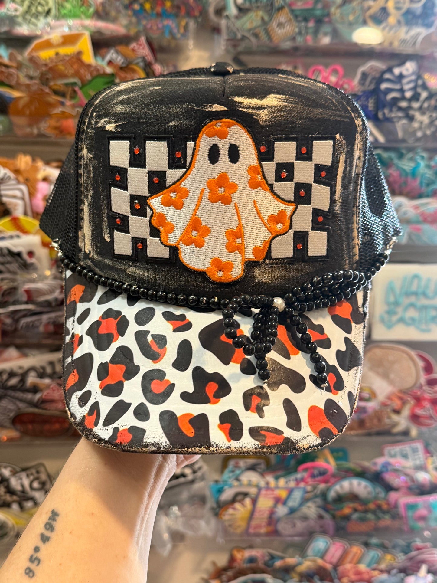 Blu Coconut Black & Orange Cute Ghost Trucker Hat