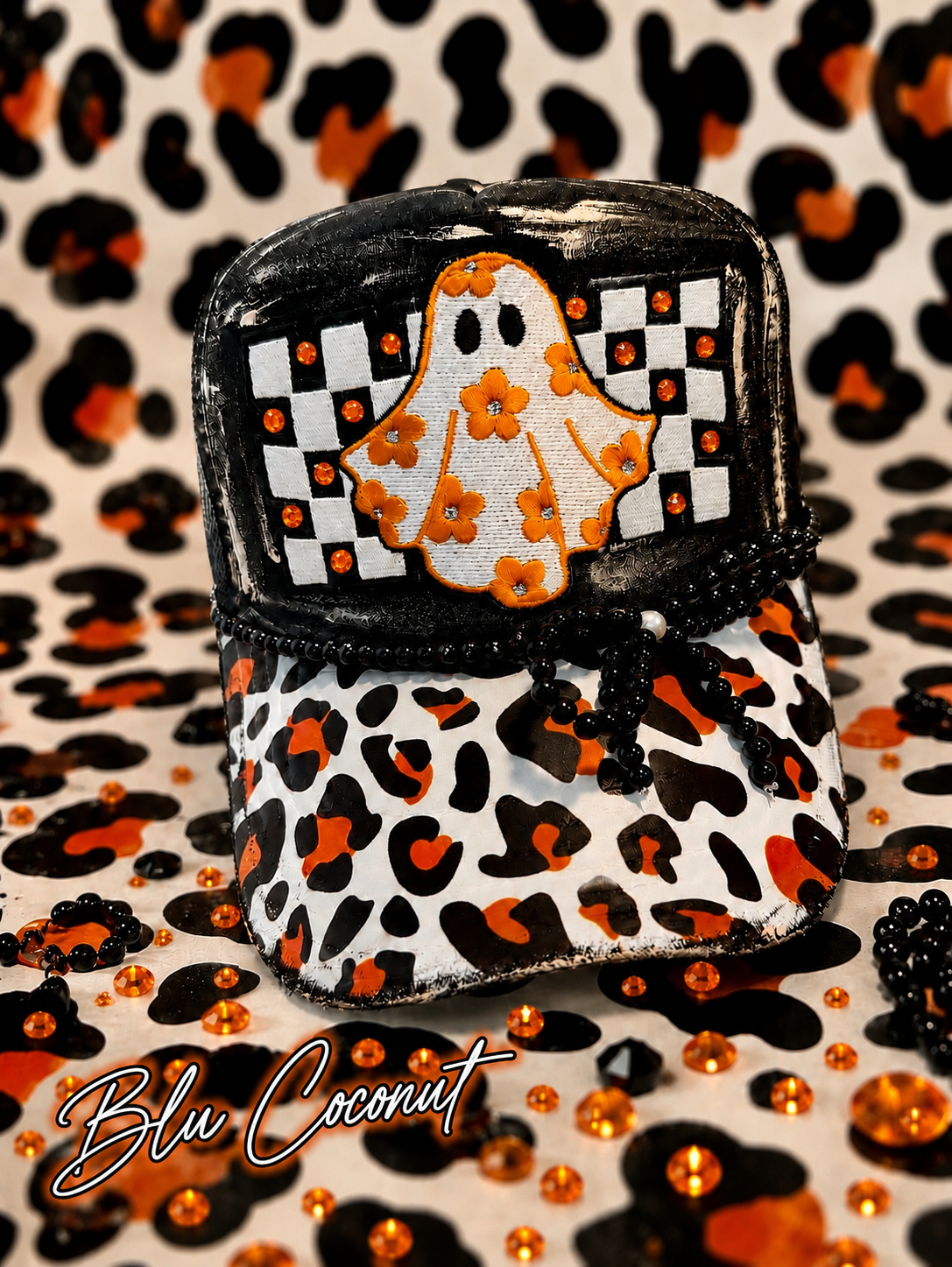 Blu Coconut Black & Orange Cute Ghost Trucker Hat
