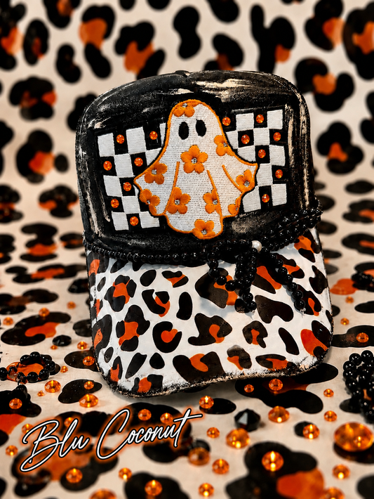 Blu Coconut Black & Orange Cute Ghost Trucker Hat