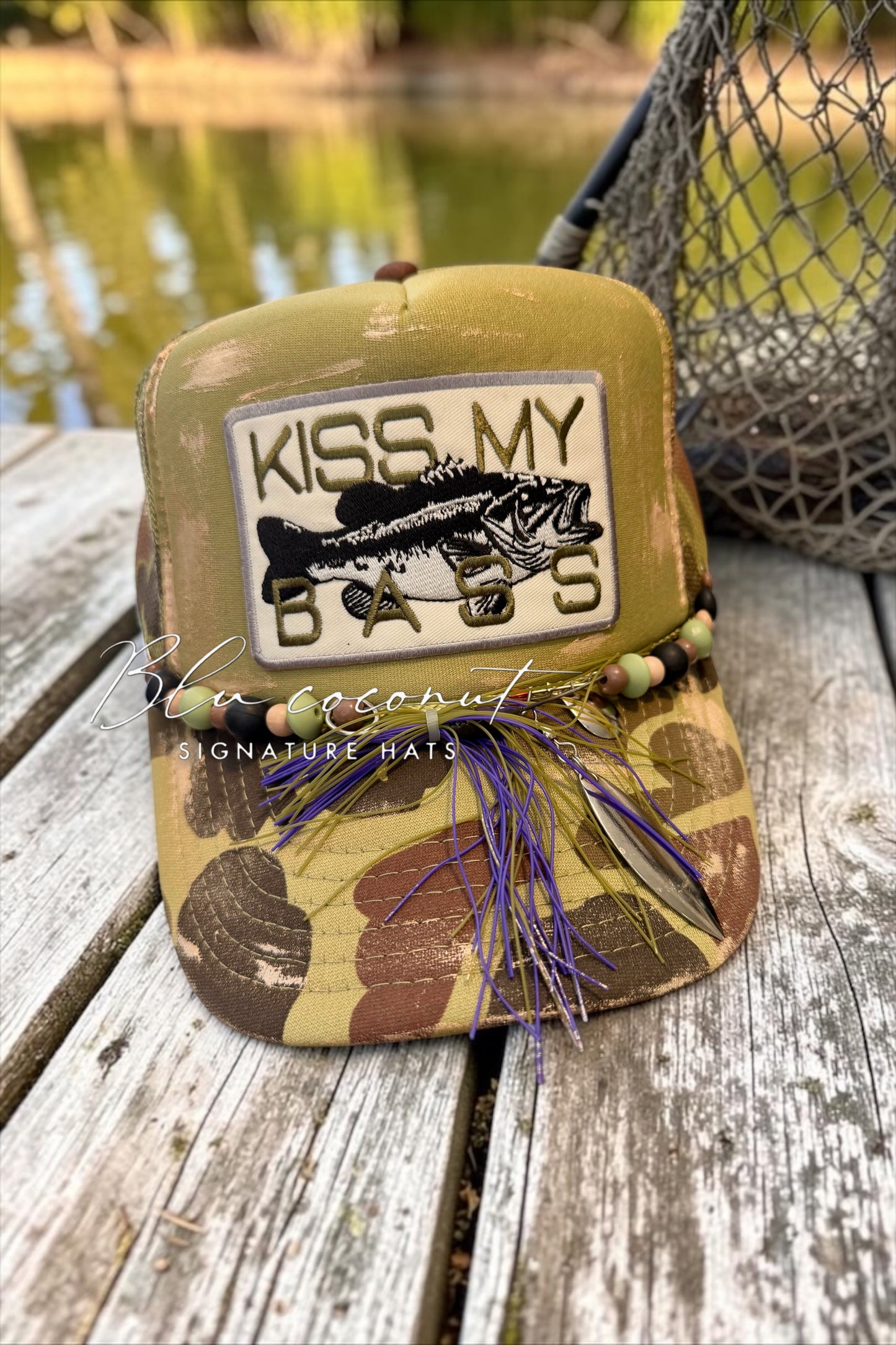 Blu Coconut 🎣 Kiss My Bass Camo Trucker Hat