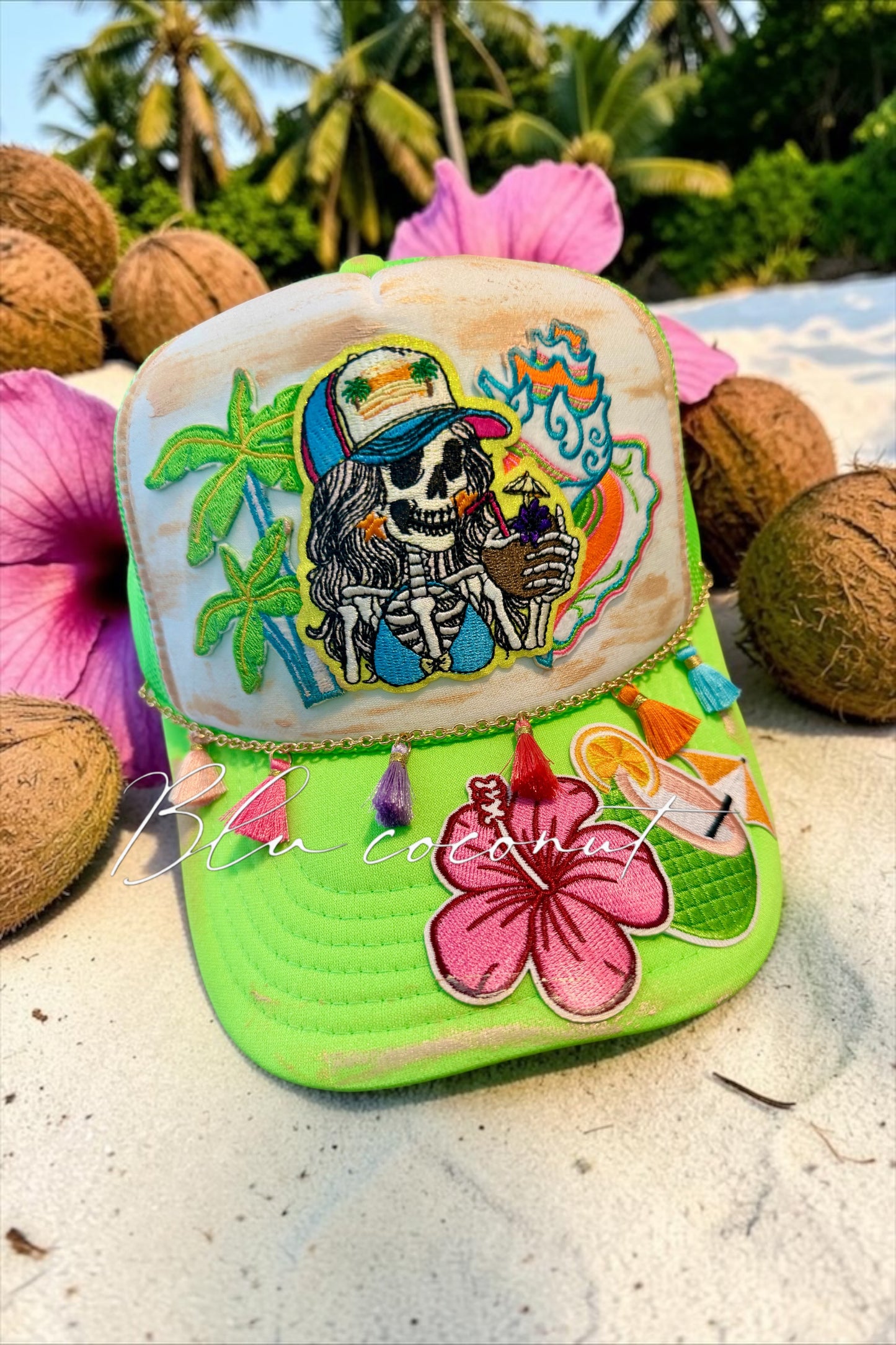 Blu Coconut Tropical Skeleton Sippin’ Trucker Hat 🍹☀️