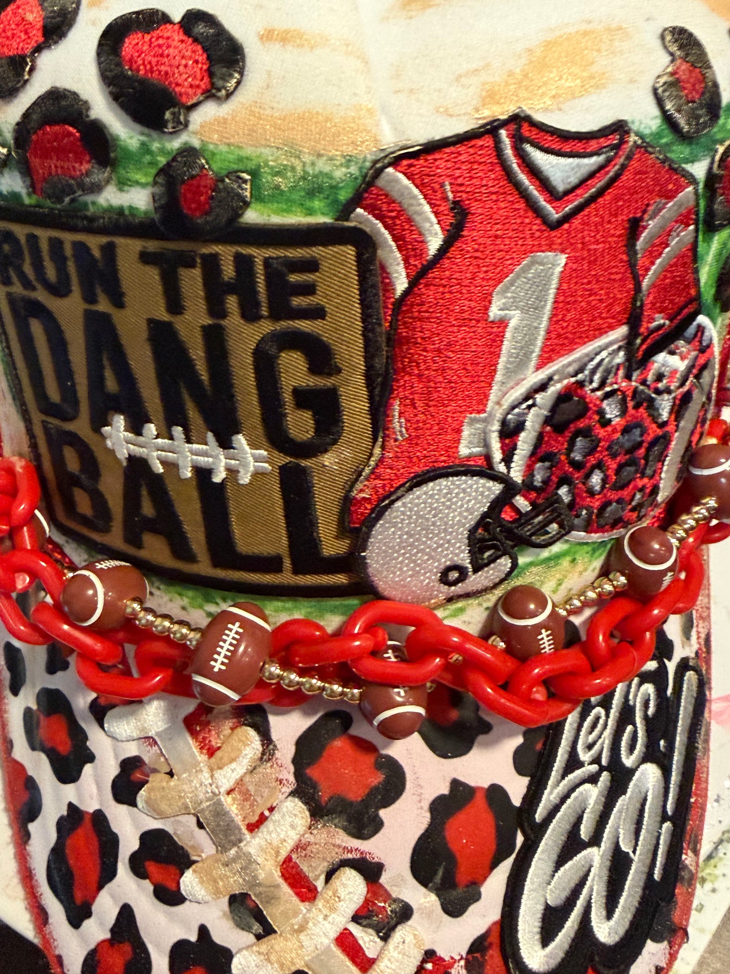 Blu Coconut Red Leopard Football Trucker Hat.