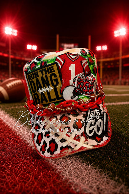 Blu Coconut Red Leopard Football Trucker Hat.