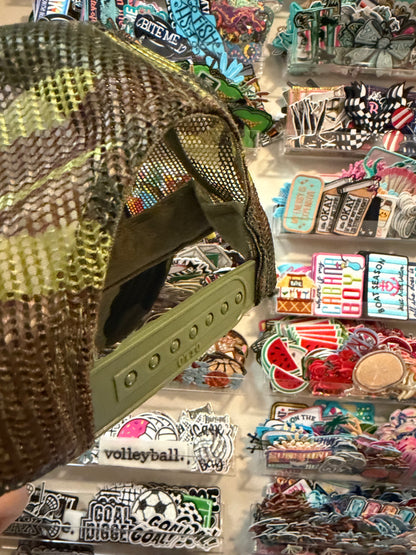Blu Coconut Camo, white and orange run the dang ball trucker hat