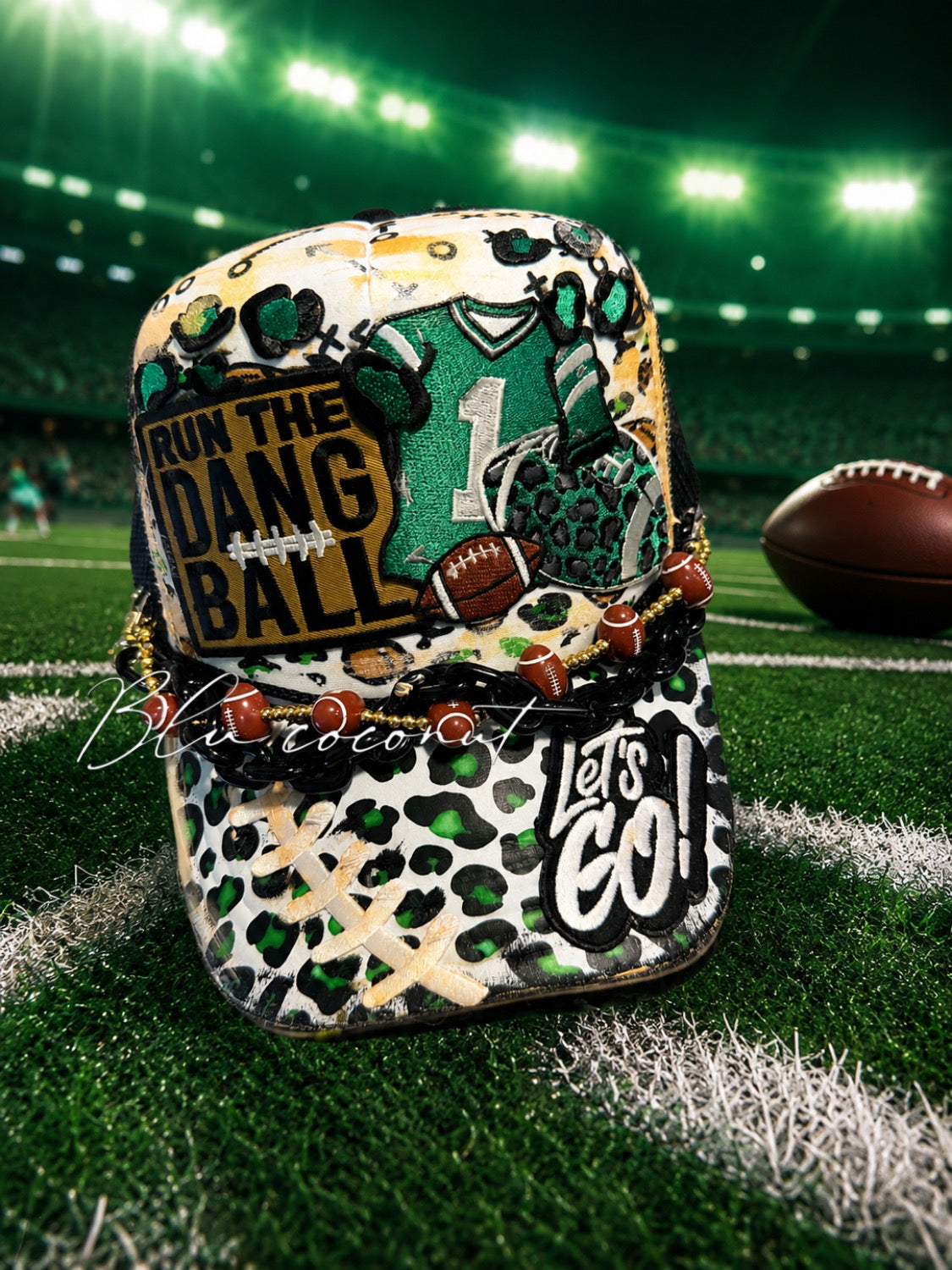 Blu Coconut Black, white and green football trucker hat
