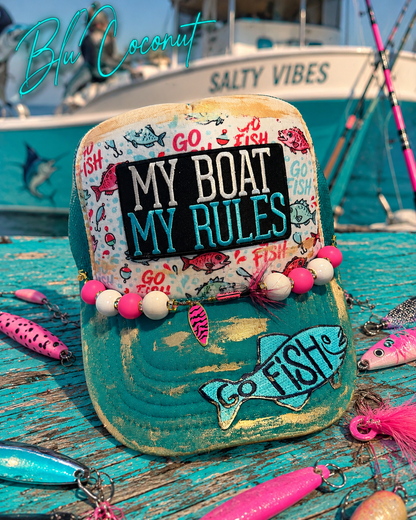 Blu Coconut 🌊 My Boat My Rules  – GO FISH trucker hat 🎣
