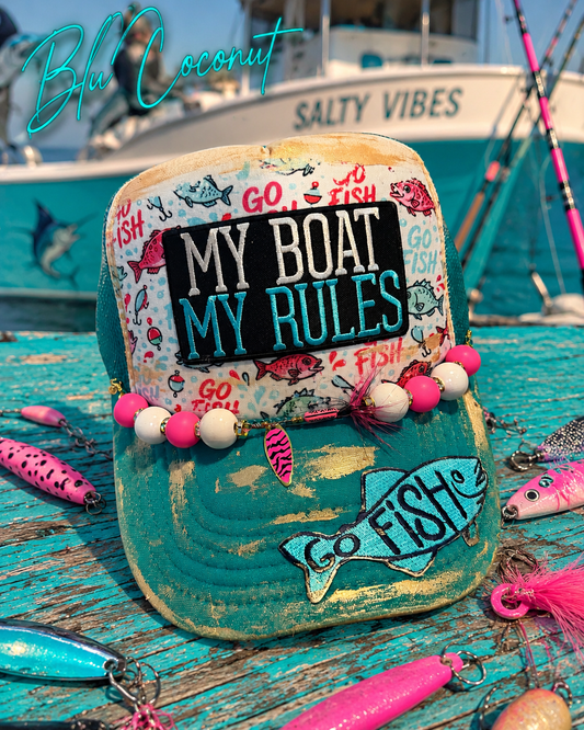 Blu Coconut 🌊 My Boat My Rules  – GO FISH trucker hat 🎣