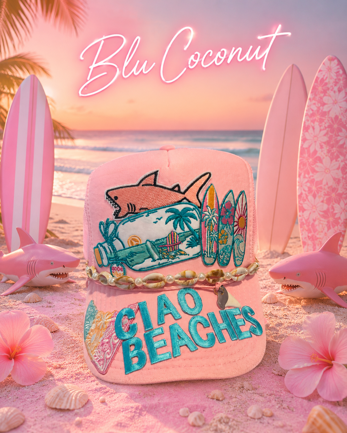 Blu Coconut Ciao Beaches Trucker Hat! 🌊🦈