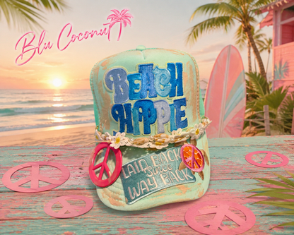 Blu Coconut Seafoam Beach Hippie Trucker Hat 🌴☮️