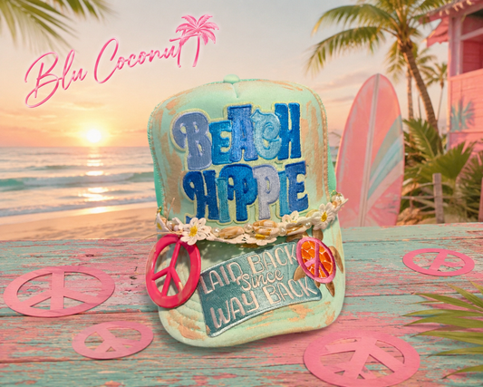 Blu Coconut Seafoam Beach Hippie Trucker Hat 🌴☮️