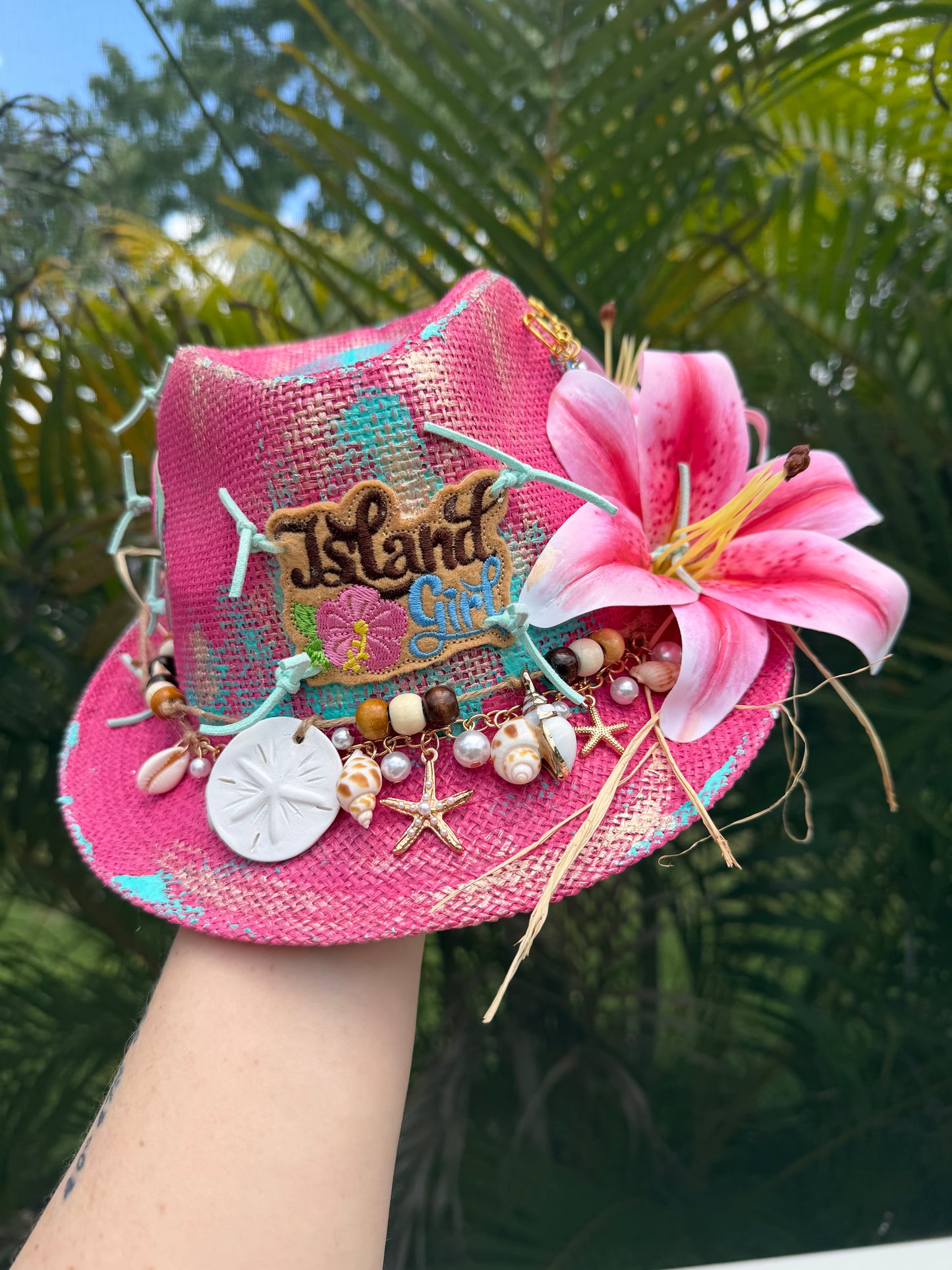Blu coconut Island Girl Tricolor Painted Straw Fedora 🌺🌊