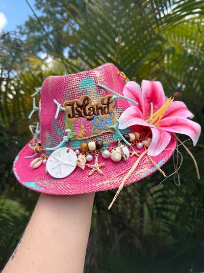 Blu coconut Island Girl Tricolor Painted Straw Fedora 🌺🌊