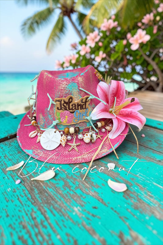 Blu coconut Island Girl Tricolor Painted Straw Fedora 🌺🌊