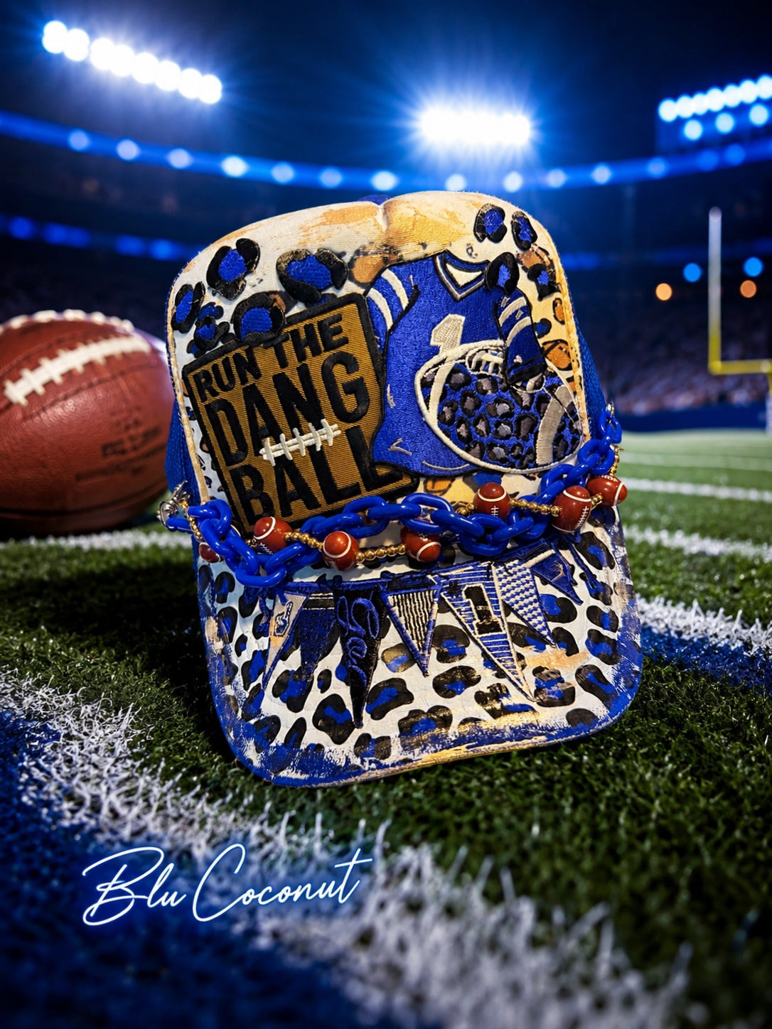 Blu Coconut run the dang ball football trucker hat.